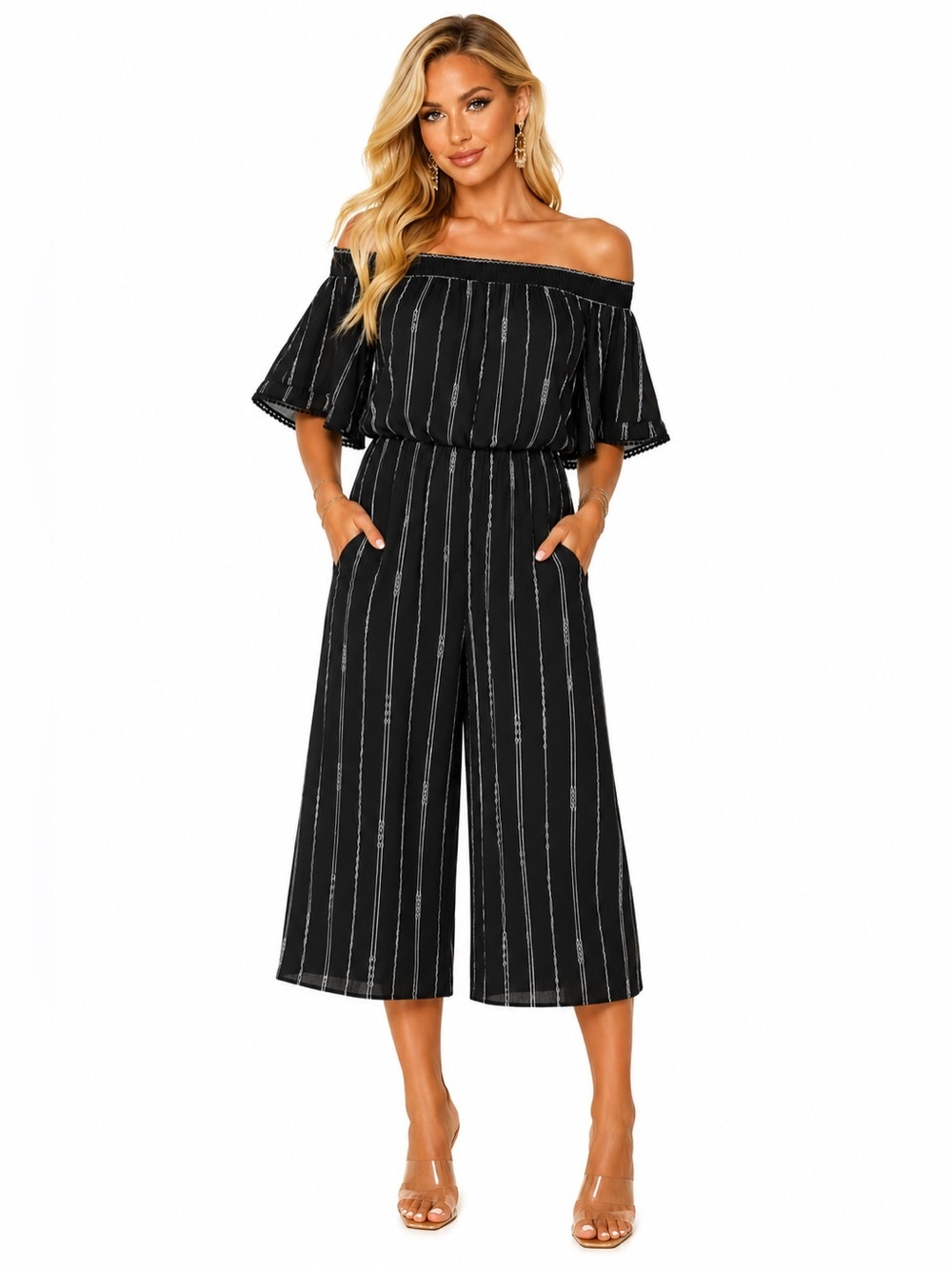 AUW Women’s Off Shoulder Striped Jumpsuit Size 10 Wide Leg Cropped Pockets Lined